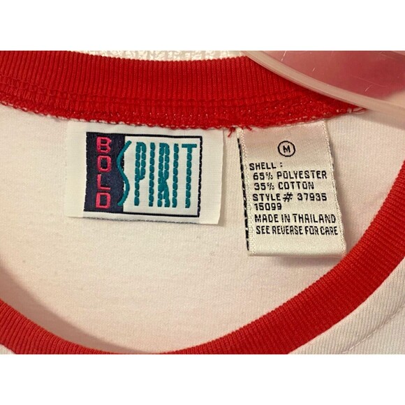Vtg BOLD SPIRIT Ringer T-Shirt M White Blue Red BEACH Embroidered Colorful Retro - Picture 4 of 7